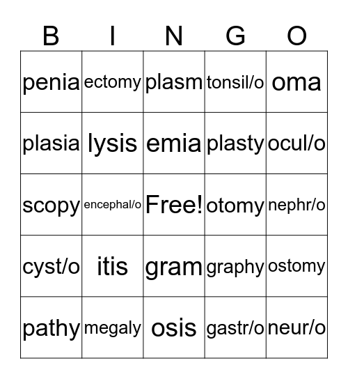 Suffixes Bingo Card