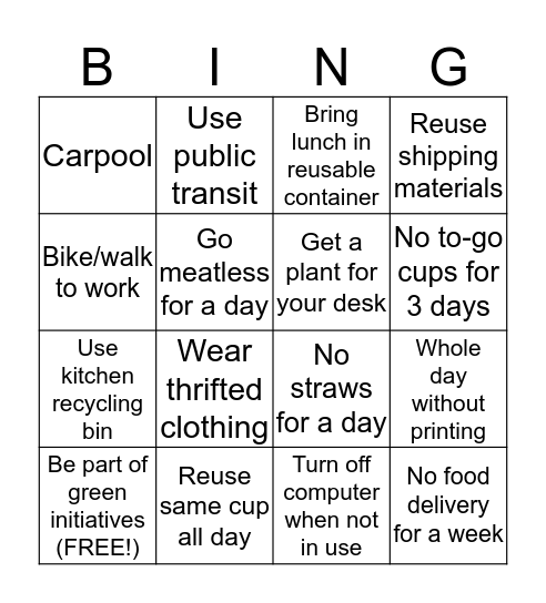 Sustainability Bingo Card