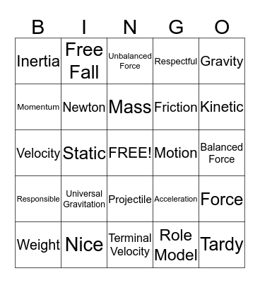 Matter In Motion Bingo Card