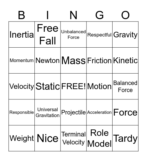 Matter In Motion Bingo Card