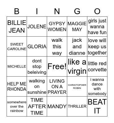 WOMENS SONGS Bingo Card