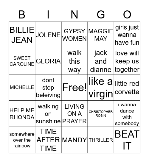 WOMENS SONGS Bingo Card