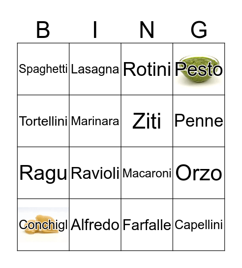 PASTA BINGO Card