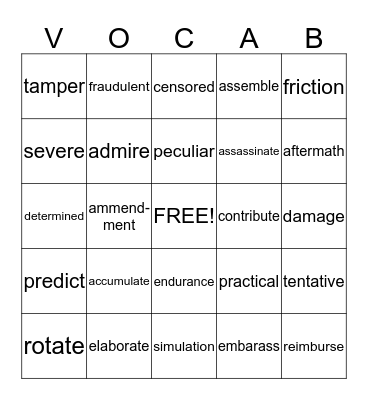 Word of the Day Bingo Card