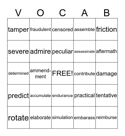 Word of the Day Bingo Card