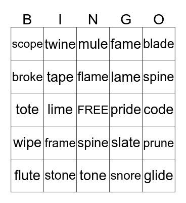 Sneaky E - Silent E Bingo Card