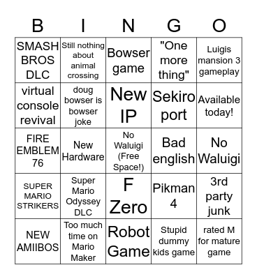 Nintendo e3 Bingo Card