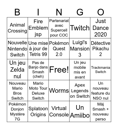 Nintendo E3 2019 Bingo Card