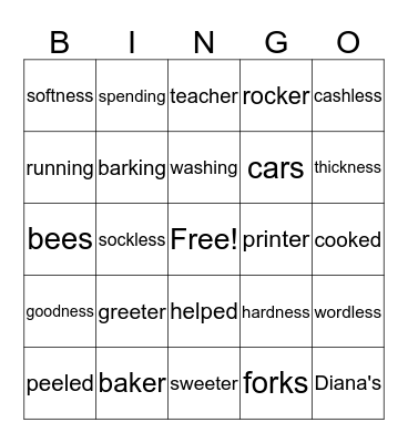 Suffix Bingo Card