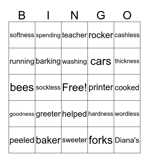 Suffix Bingo Card