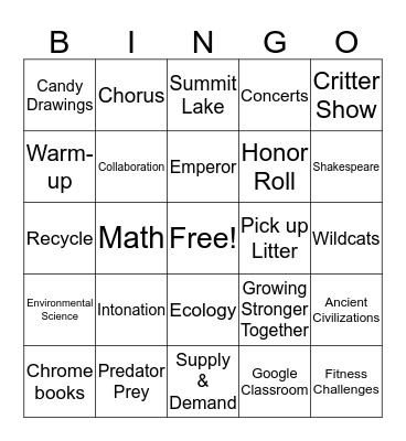 6th Grade 2018-19 Bingo Card