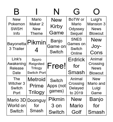 Nintendo E3 Bingo Card