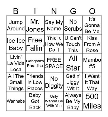 1990 Music Bingo Card