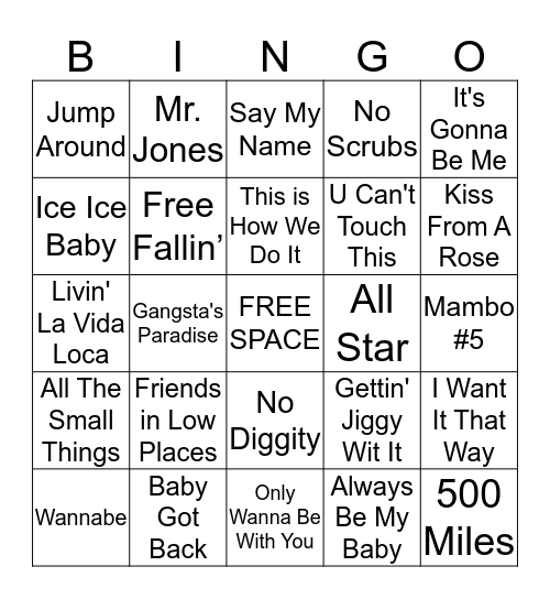 1990 Music Bingo Card