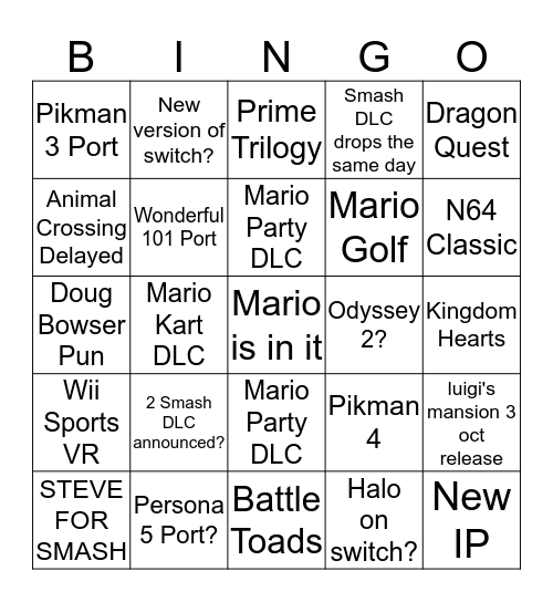 Nintendo's E3 2019 Bingo Card