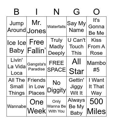 1990 Music Bingo Card