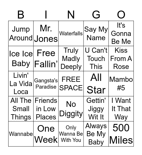 1990 Music Bingo Card