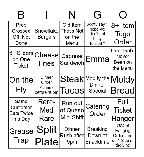 Kitchen Bingo Card