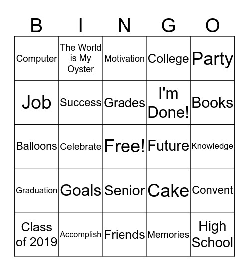 Sydney's Graduation Bingo Card