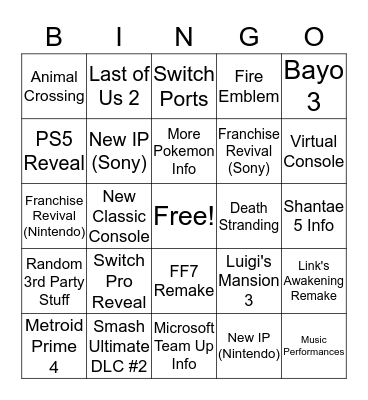 Sony/Nintendo Card Bingo Card