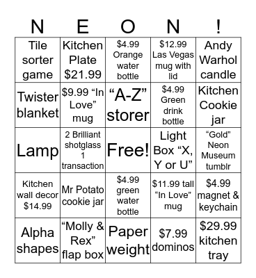 Neon bingo!  Bingo Card