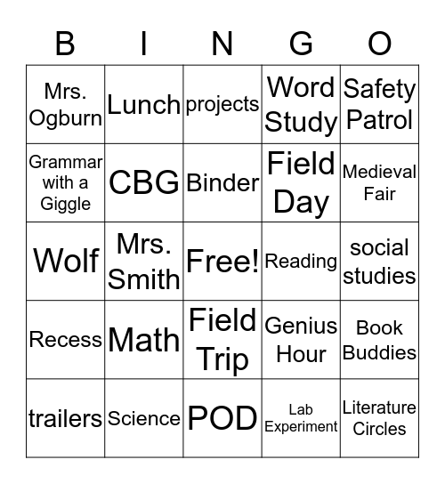 5th Grade - WPES Bingo Card
