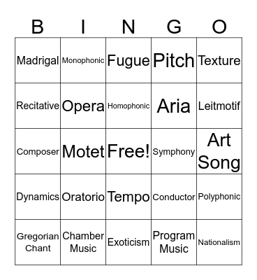 Music History Vocabulary Bingo Card