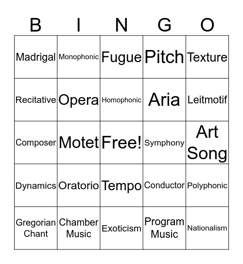 Music History Vocabulary Bingo Card