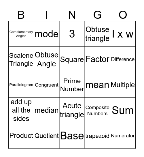 Math Vocabulary Bingo Card