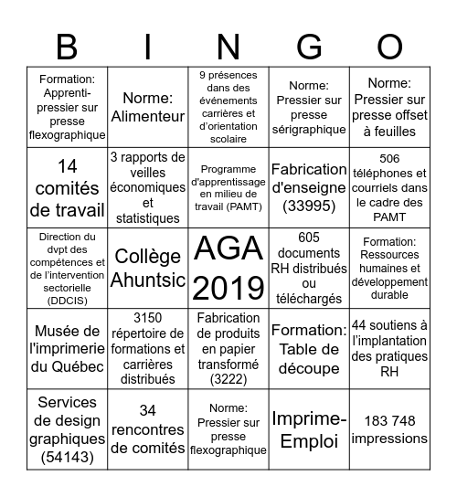 Bingo de l'AGA 2019 Bingo Card