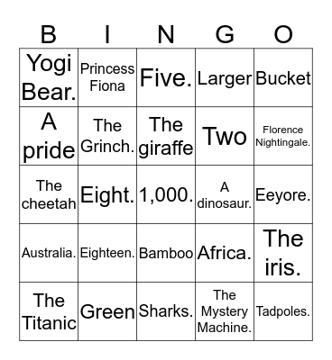 Kids Trivia Bingo Card