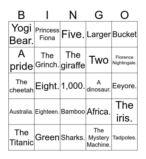 Kids Trivia Bingo Card