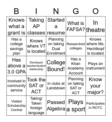 College Bingo Card