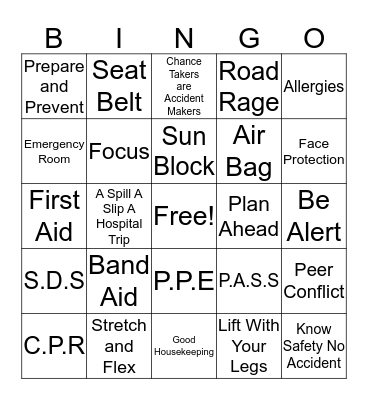 Safety Tip Bingo Card