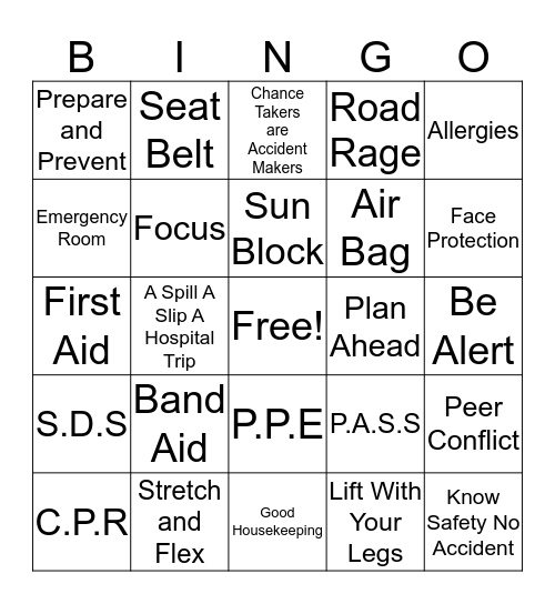 Safety Tip Bingo Card