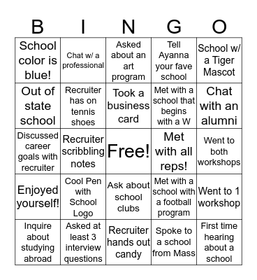 College/Career Day Bingo Card