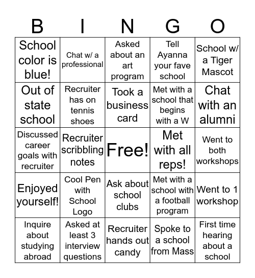 College/Career Day Bingo Card