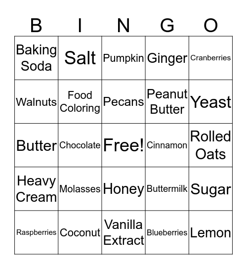 Baker's Bingo  Bingo Card