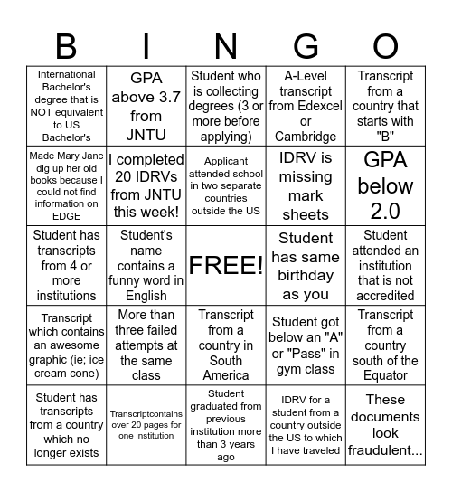 IDRV Bingo! Bingo Card