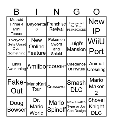 Nintendo E3 Bingo Card