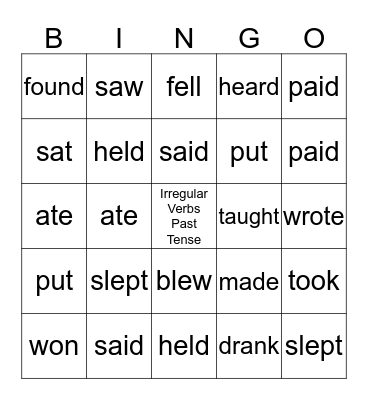 Irregular Verbs Past Tense Bingo Card