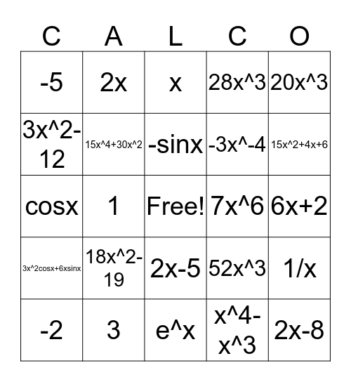 Calculus Bingo Card