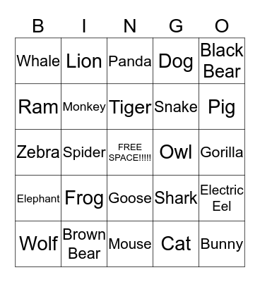 Animal Bingo Card