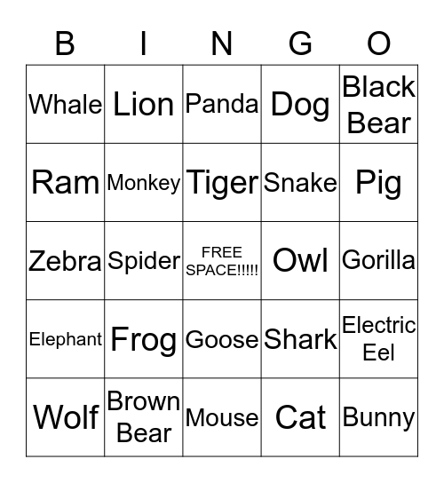 Animal Bingo Card