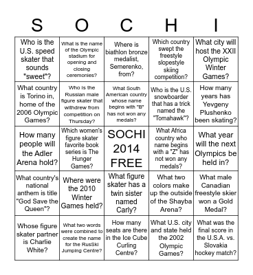 Sochi Olympic Bingo Card