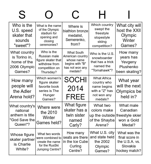 Sochi Olympic Bingo Card