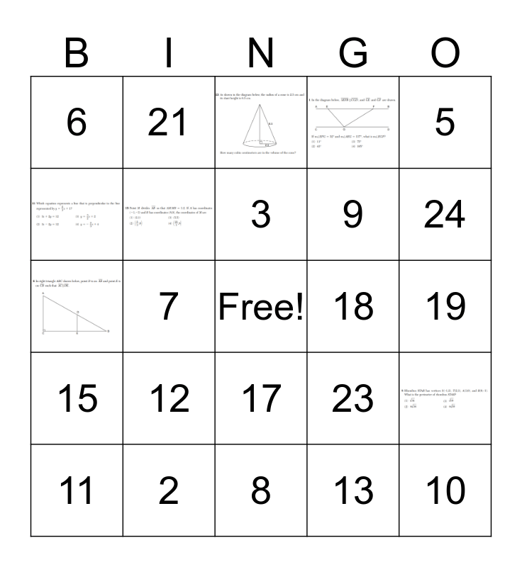 Geometry Regents review Bingo Card