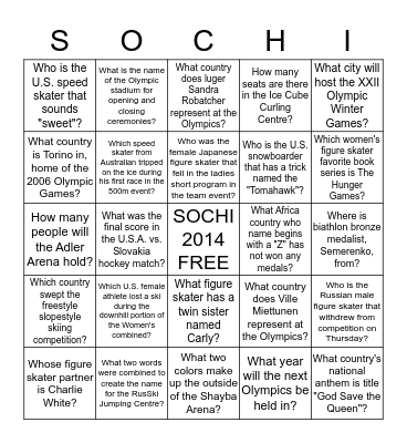 Sochi Olympic Bingo Card