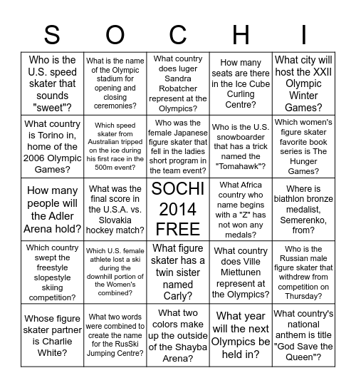 Sochi Olympic Bingo Card