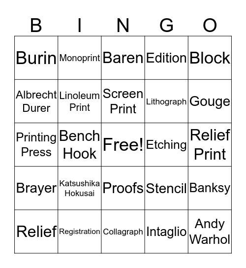 Printmaking B-I-N-G-O Bingo Card